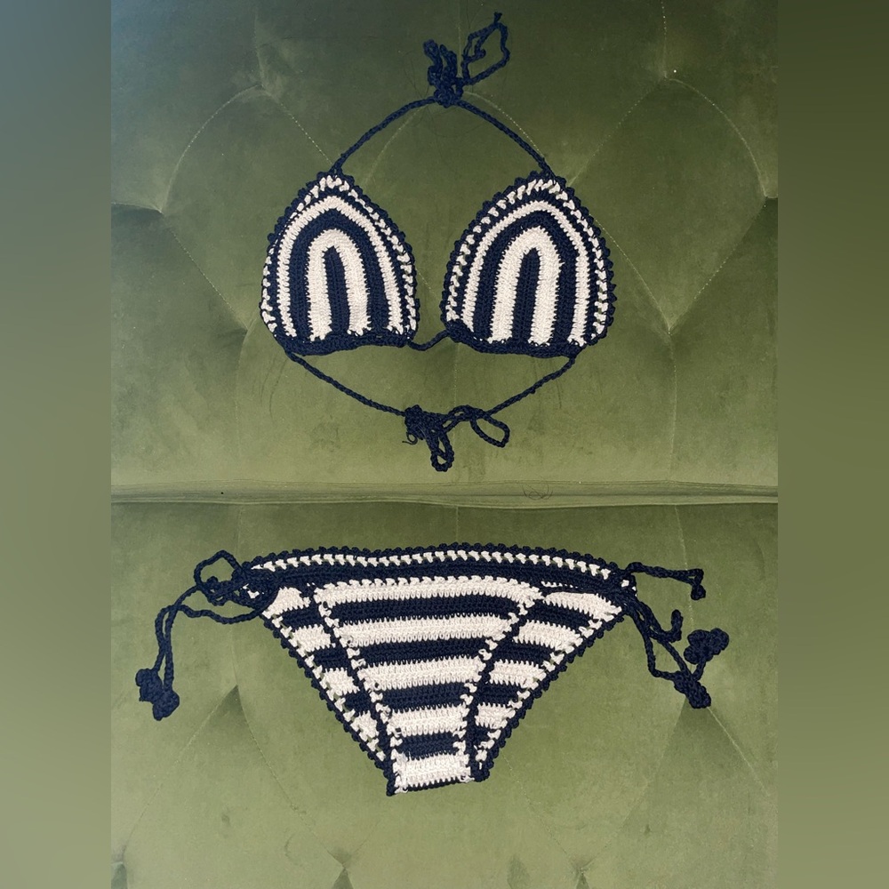 Black and white striped crochet bikini